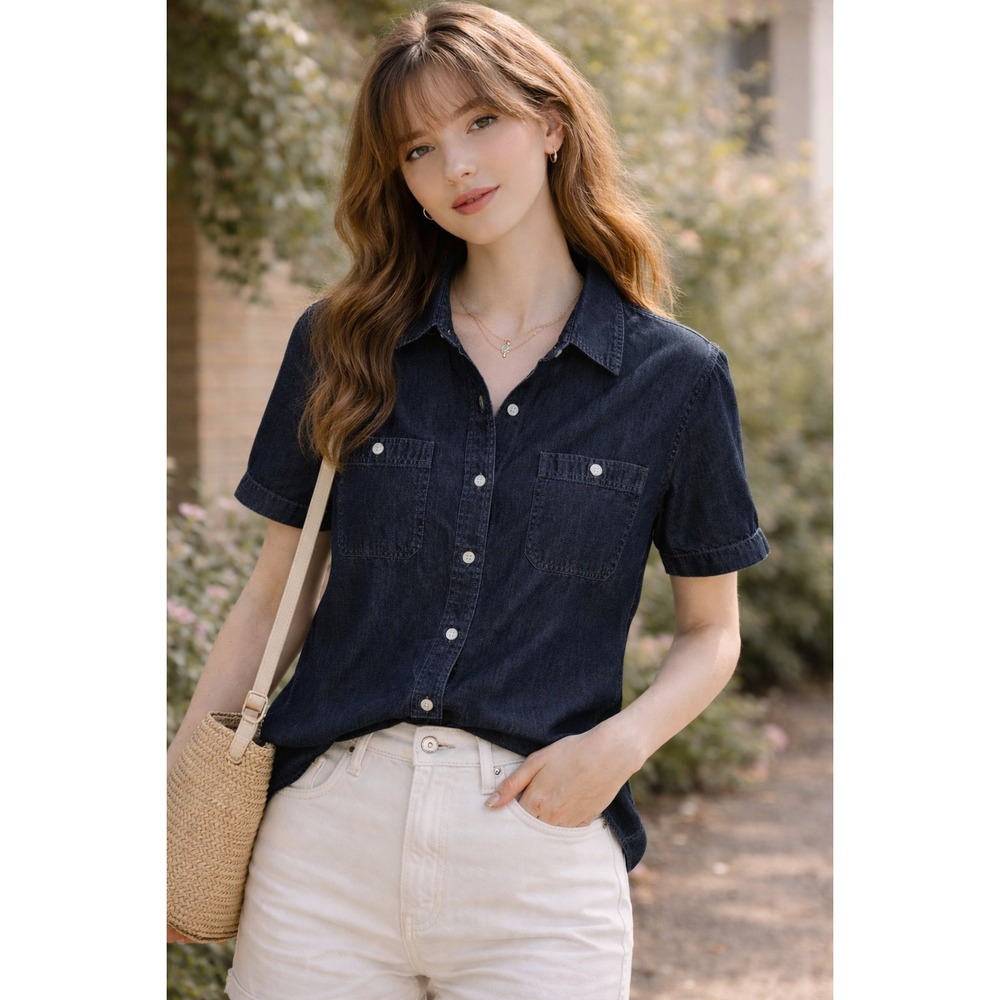 True Craft Button Down Dark Wash Denim Shirt Men's Small Short Sleeve NWT